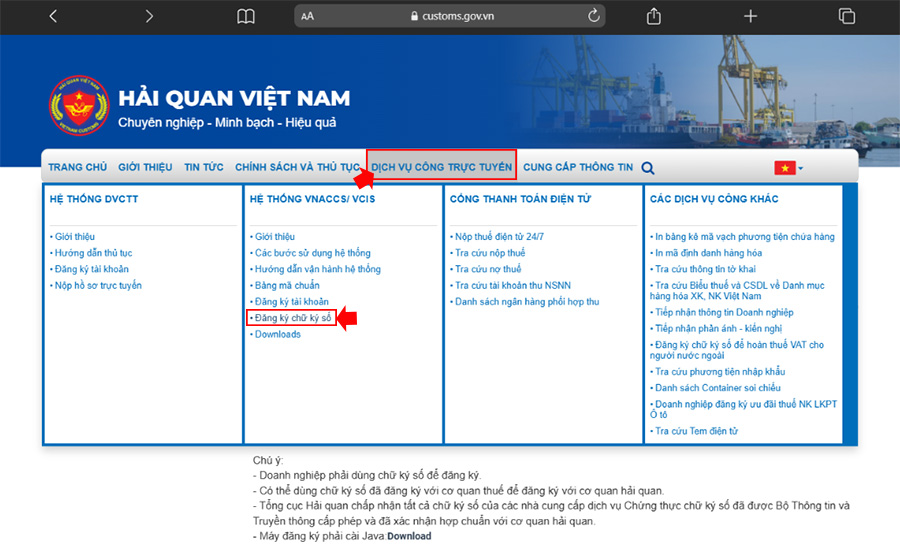 Doanh nghiệp đăng ký chữ ký số hải quan trên website Cục Hải quan