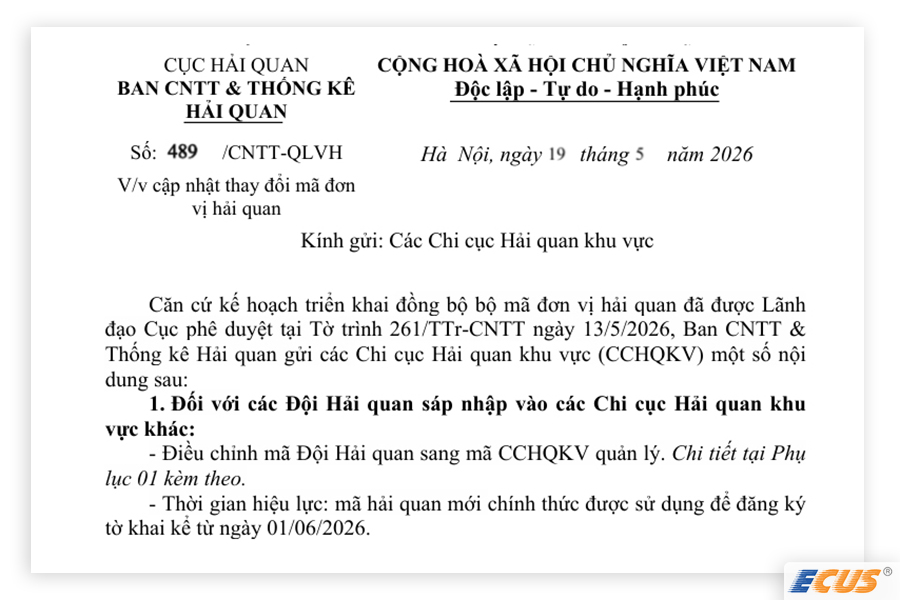 Công văn 489/CNTT-QLVH cập nhật mã đơn vị HQ.