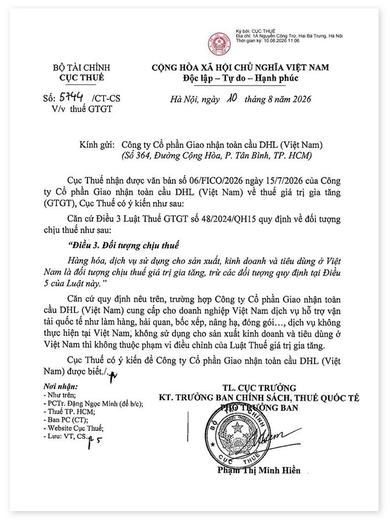 Công văn số 5744/CT-CS ngày 10/8/2026 của Cục Thuế