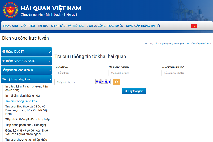 Hệ thống tra cứu thông tin tờ khai hải quan.