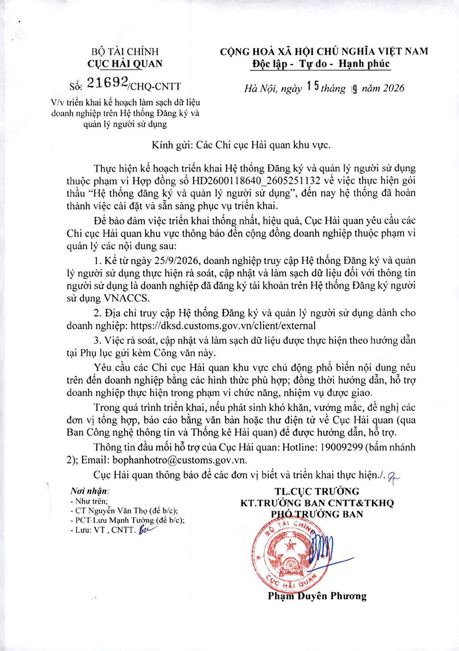 Công văn số 21692/CHQ-CNTT ban hành ngày 15/9/2026