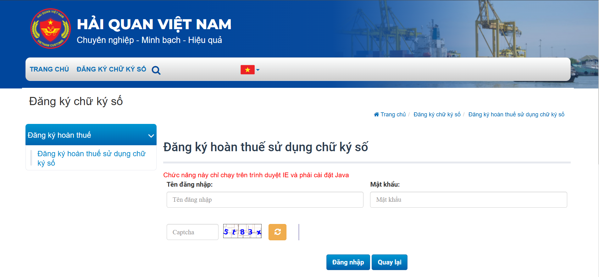 Đăng ký chữ ký số trên website Hải quan Việt Nam.