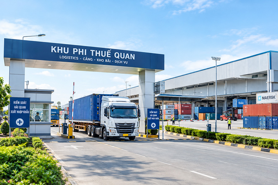 Hình ảnh khu phi thuế quan với kho hàng và container xuất nhập khẩu.