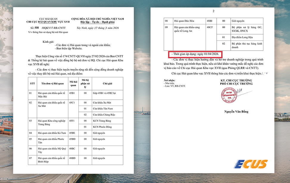 Công văn số 508/HQKV17-RR-CNTT về việc thay đổi bộ mã hóa Hải quan tại Khu vực XVII từ 1/4/2026. 