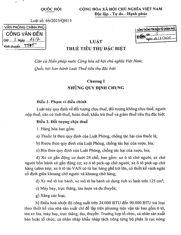 Luật thuế tiêu thụ đặc biệt năm 2025